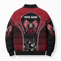 Personalized Billiards Eight Ball Bomber Puffer Jacket with Red Wing Emblem and Black Gradient Bubble Pattern - Wonder Print Shop