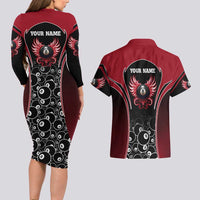 Personalized Billiards Eight Ball Couples Matching Long Sleeve Bodycon Dress and Hawaiian Shirt with Red Wing Emblem and Black Gradient Bubble Pattern - Wonder Print Shop