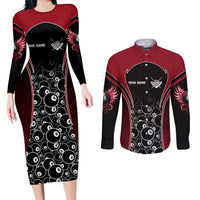 Personalized Billiards Eight Ball Couples Matching Long Sleeve Bodycon Dress and Long Sleeve Button Shirt with Red Wing Emblem and Black Gradient Bubble Pattern - Wonder Print Shop