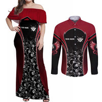 Personalized Billiards Eight Ball Couples Matching Off Shoulder Maxi Dress and Long Sleeve Button Shirt with Red Wing Emblem and Black Gradient Bubble Pattern - Wonder Print Shop