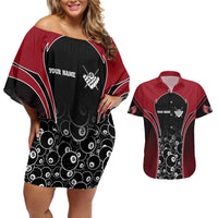 Personalized Billiards Eight Ball Couples Matching Off Shoulder Short Dress and Hawaiian Shirt with Red Wing Emblem and Black Gradient Bubble Pattern - Wonder Print Shop