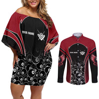 Personalized Billiards Eight Ball Couples Matching Off Shoulder Short Dress and Long Sleeve Button Shirt with Red Wing Emblem and Black Gradient Bubble Pattern - Wonder Print Shop