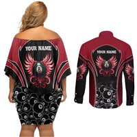 Personalized Billiards Eight Ball Couples Matching Off Shoulder Short Dress and Long Sleeve Button Shirt with Red Wing Emblem and Black Gradient Bubble Pattern - Wonder Print Shop