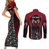 Personalized Billiards Eight Ball Couples Matching Short Sleeve Bodycon Dress and Long Sleeve Button Shirt with Red Wing Emblem and Black Gradient Bubble Pattern - Wonder Print Shop