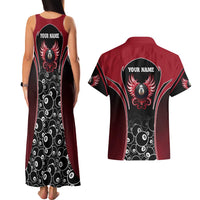 Personalized Billiards Eight Ball Couples Matching Tank Maxi Dress and Hawaiian Shirt with Red Wing Emblem and Black Gradient Bubble Pattern - Wonder Print Shop