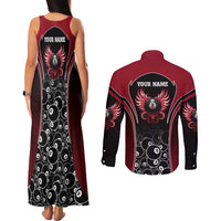 Personalized Billiards Eight Ball Couples Matching Tank Maxi Dress and Long Sleeve Button Shirt with Red Wing Emblem and Black Gradient Bubble Pattern - Wonder Print Shop