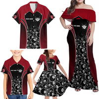 Personalized Billiards Eight Ball Family Matching Off Shoulder Maxi Dress and Hawaiian Shirt with Red Wing Emblem and Black Gradient Bubble Pattern - Wonder Print Shop