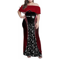 Personalized Billiards Eight Ball Family Matching Off Shoulder Maxi Dress and Hawaiian Shirt with Red Wing Emblem and Black Gradient Bubble Pattern - Wonder Print Shop