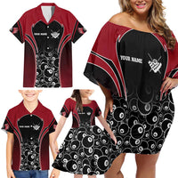 Personalized Billiards Eight Ball Family Matching Off Shoulder Short Dress and Hawaiian Shirt with Red Wing Emblem and Black Gradient Bubble Pattern - Wonder Print Shop