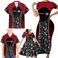 Personalized Billiards Eight Ball Family Matching Short Sleeve Bodycon Dress and Hawaiian Shirt with Red Wing Emblem and Black Gradient Bubble Pattern - Wonder Print Shop
