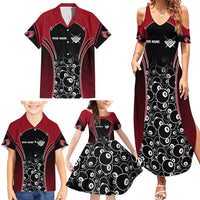 Personalized Billiards Eight Ball Family Matching Summer Maxi Dress and Hawaiian Shirt with Red Wing Emblem and Black Gradient Bubble Pattern - Wonder Print Shop