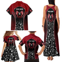 Personalized Billiards Eight Ball Family Matching Tank Maxi Dress and Hawaiian Shirt with Red Wing Emblem and Black Gradient Bubble Pattern - Wonder Print Shop