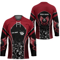 Personalized Billiards Eight Ball Hockey Jersey with Red Wing Emblem and Black Gradient Bubble Pattern - Wonder Print Shop