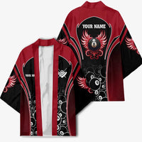 Personalized Billiards Eight Ball Kimono with Red Wing Emblem and Black Gradient Bubble Pattern - Wonder Print Shop