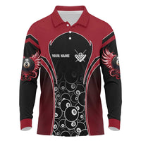Personalized Billiards Eight Ball Long Sleeve Polo Shirt with Red Wing Emblem and Black Gradient Bubble Pattern - Wonder Print Shop
