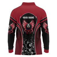 Personalized Billiards Eight Ball Long Sleeve Polo Shirt with Red Wing Emblem and Black Gradient Bubble Pattern - Wonder Print Shop