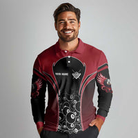 Personalized Billiards Eight Ball Long Sleeve Polo Shirt with Red Wing Emblem and Black Gradient Bubble Pattern - Wonder Print Shop