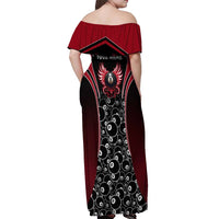 Personalized Billiards Eight Ball Off Shoulder Maxi Dress with Red Wing Emblem and Black Gradient Bubble Pattern - Wonder Print Shop
