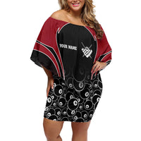 Personalized Billiards Eight Ball Off Shoulder Short Dress with Red Wing Emblem and Black Gradient Bubble Pattern - Wonder Print Shop