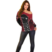 Personalized Billiards Eight Ball Off Shoulder Sweater with Red Wing Emblem and Black Gradient Bubble Pattern - Wonder Print Shop
