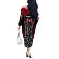 Personalized Billiards Eight Ball Off The Shoulder Long Sleeve Dress with Red Wing Emblem and Black Gradient Bubble Pattern - Wonder Print Shop