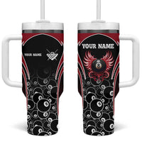 Personalized Billiards Eight Ball Tumbler With Handle with Red Wing Emblem and Black Gradient Bubble Pattern - Wonder Print Shop