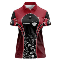 Personalized Billiards Eight Ball Women Polo Shirt with Red Wing Emblem and Black Gradient Bubble Pattern - Wonder Print Shop