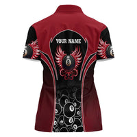 Personalized Billiards Eight Ball Women Polo Shirt with Red Wing Emblem and Black Gradient Bubble Pattern - Wonder Print Shop