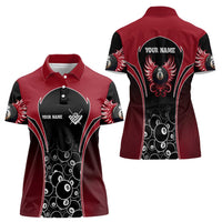 Personalized Billiards Eight Ball Women Polo Shirt with Red Wing Emblem and Black Gradient Bubble Pattern - Wonder Print Shop