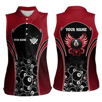 Personalized Billiards Eight Ball Women Sleeveless Polo Shirt with Red Wing Emblem and Black Gradient Bubble Pattern - Wonder Print Shop
