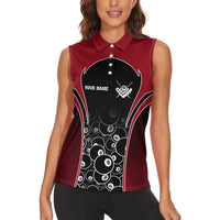 Personalized Billiards Eight Ball Women Sleeveless Polo Shirt with Red Wing Emblem and Black Gradient Bubble Pattern - Wonder Print Shop