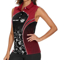 Personalized Billiards Eight Ball Women Sleeveless Polo Shirt with Red Wing Emblem and Black Gradient Bubble Pattern - Wonder Print Shop