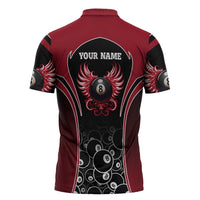 Personalized Billiards Eight Ball Zipper Polo Shirt with Red Wing Emblem and Black Gradient Bubble Pattern - Wonder Print Shop