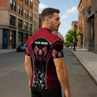Personalized Billiards Eight Ball Zipper Polo Shirt with Red Wing Emblem and Black Gradient Bubble Pattern - Wonder Print Shop