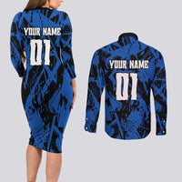Personalized Motocross Rider Couples Matching Long Sleeve Bodycon Dress and Long Sleeve Button Shirt with Blue Graffiti Splash Pattern - Wonder Print Shop