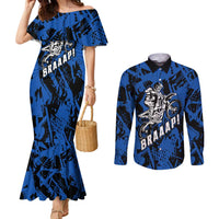 Personalized Motocross Rider Couples Matching Mermaid Dress and Long Sleeve Button Shirt with Blue Graffiti Splash Pattern - Wonder Print Shop