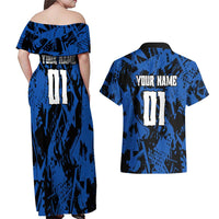 Personalized Motocross Rider Couples Matching Off Shoulder Maxi Dress and Hawaiian Shirt with Blue Graffiti Splash Pattern - Wonder Print Shop