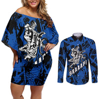 Personalized Motocross Rider Couples Matching Off Shoulder Short Dress and Long Sleeve Button Shirt with Blue Graffiti Splash Pattern - Wonder Print Shop