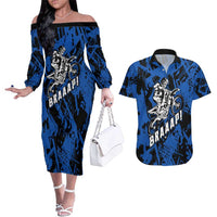 Personalized Motocross Rider Couples Matching Off The Shoulder Long Sleeve Dress and Hawaiian Shirt with Blue Graffiti Splash Pattern - Wonder Print Shop