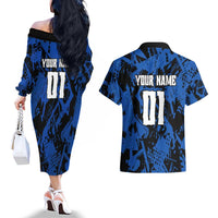 Personalized Motocross Rider Couples Matching Off The Shoulder Long Sleeve Dress and Hawaiian Shirt with Blue Graffiti Splash Pattern - Wonder Print Shop