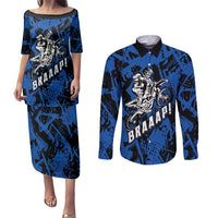 Personalized Motocross Rider Couples Matching Puletasi and Long Sleeve Button Shirt with Blue Graffiti Splash Pattern - Wonder Print Shop