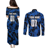 Personalized Motocross Rider Couples Matching Puletasi and Long Sleeve Button Shirt with Blue Graffiti Splash Pattern - Wonder Print Shop