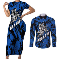 Personalized Motocross Rider Couples Matching Short Sleeve Bodycon Dress and Long Sleeve Button Shirt with Blue Graffiti Splash Pattern - Wonder Print Shop
