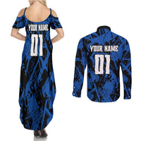 Personalized Motocross Rider Couples Matching Summer Maxi Dress and Long Sleeve Button Shirt with Blue Graffiti Splash Pattern - Wonder Print Shop