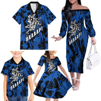 Personalized Motocross Rider Family Matching Off The Shoulder Long Sleeve Dress and Hawaiian Shirt with Blue Graffiti Splash Pattern - Wonder Print Shop