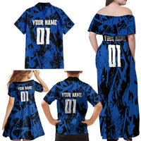 Personalized Motocross Rider Family Matching Off Shoulder Maxi Dress and Hawaiian Shirt with Blue Graffiti Splash Pattern - Wonder Print Shop