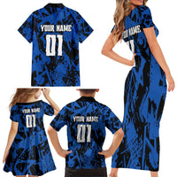 Personalized Motocross Rider Family Matching Short Sleeve Bodycon Dress and Hawaiian Shirt with Blue Graffiti Splash Pattern - Wonder Print Shop