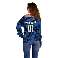 Personalized Motocross Rider Off Shoulder Sweater with Blue Graffiti Splash Pattern - Wonder Print Shop