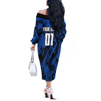 Personalized Motocross Rider Off The Shoulder Long Sleeve Dress with Blue Graffiti Splash Pattern - Wonder Print Shop