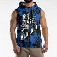 Personalized Motocross Rider Sleeveless Zip Hoodie with Blue Graffiti Splash Pattern - Wonder Print Shop